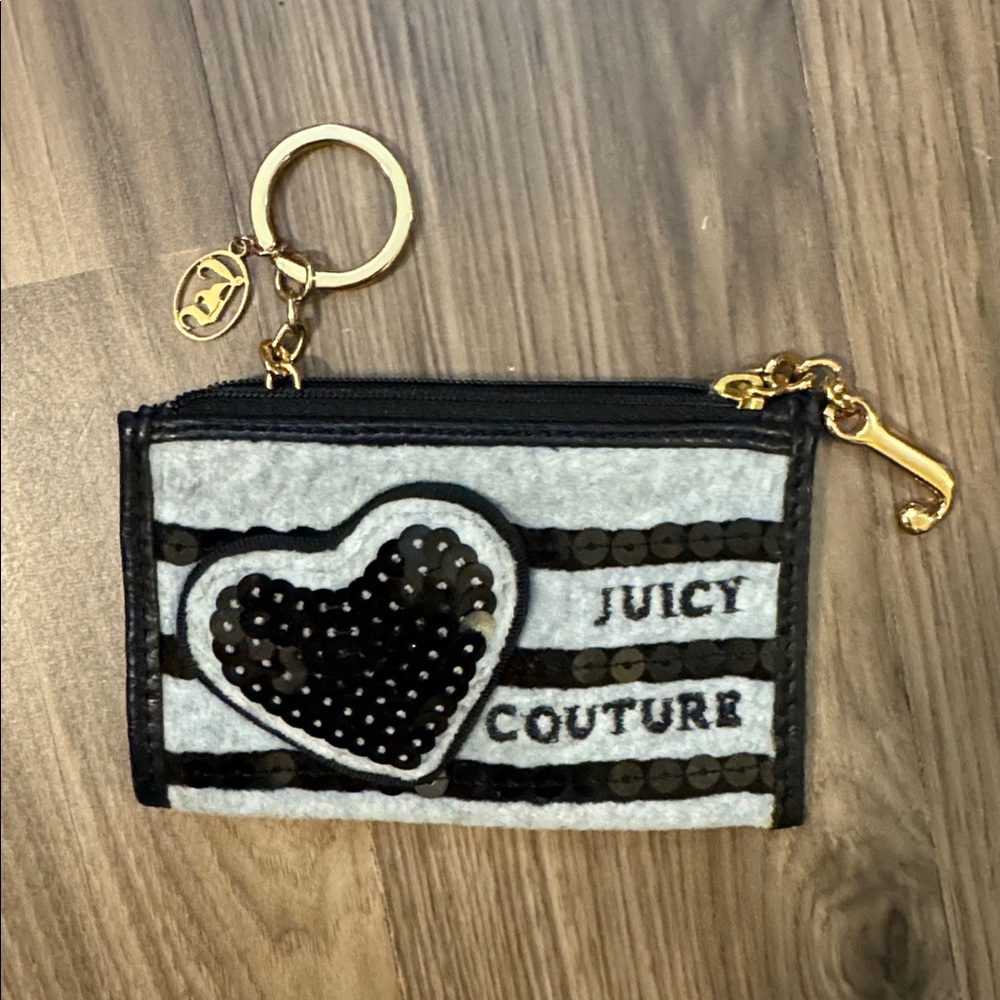 Juicy Couture Vintage Gray Velvet Black Sequins Heart Pouch Key Mini Card Holder